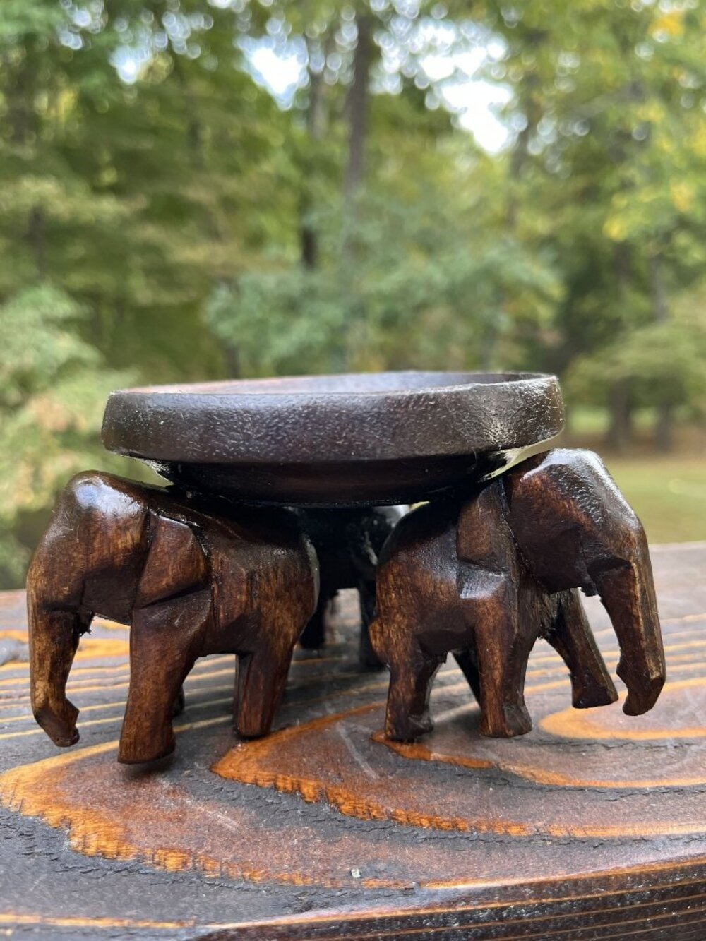 Vintage Wooden Carved Elephant Pedestal Dish Candle Holder 4"